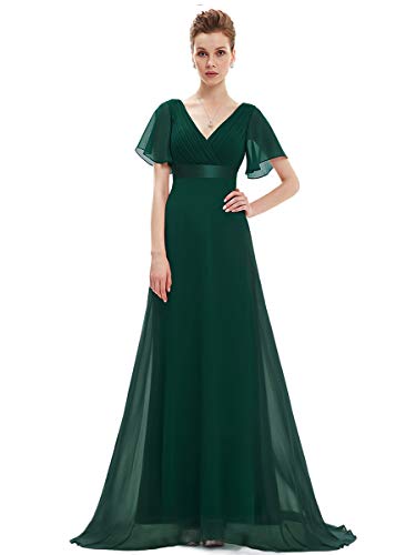 Ever-Pretty A-línea Vestito de Gala Cuello en V Manga Corta Gasa Corte Imperio para Mujer Verde Oscuro 46