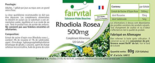 Extracto de Rhodiola Rosea 500mg - VEGANO - Dosis elevada - 15mg de Rosavina y 5mg de Salidrosida - 120 Cápsulas