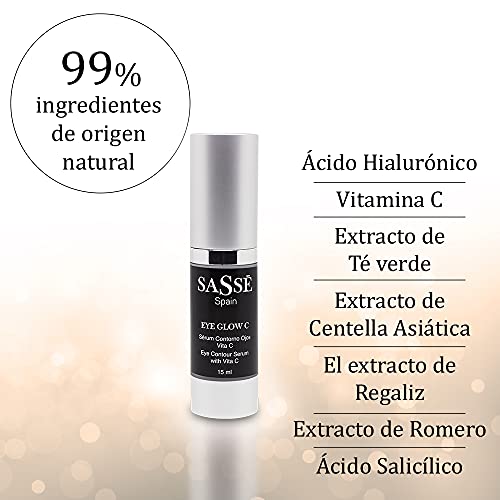 EYE GLOW C - Sérum Contorno Ojos Vitamina C. Hidrata, Ilumina. Ácido Hialurónico. 15 Ml. Producto Natural Y Vegano. Cosmética Natural Fabricada En España. Premios Innovación E I+d. Sasse