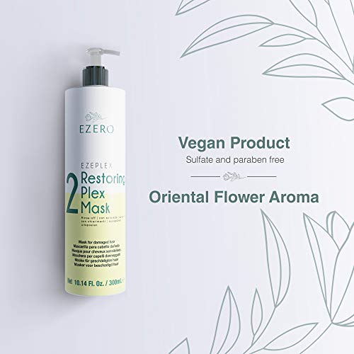 EZERO Mascarilla Plex para Cabellos Dañados o Secos con Aminoácidos con Proteina de Trigo, Ácido Hialurónico, Manteca de Karité y Aceite de Argán - Vegano - Aroma Flor Oriental - Profesional 300ml