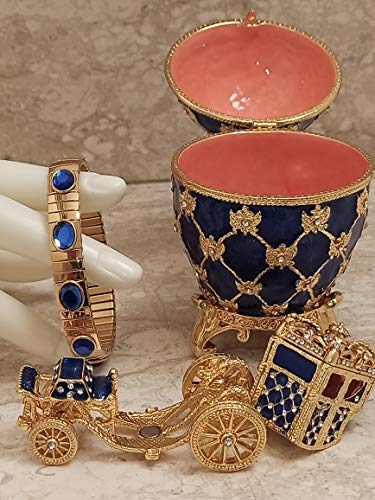 Faberge - Juego de adornos con diseño de carruaje de reina (oro de 24 quilates, con zafiros Swarovski, color azul, para boda, caja de joyería hecha a mano, 10 quilates