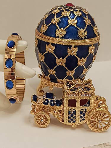 Faberge - Juego de adornos con diseño de carruaje de reina (oro de 24 quilates, con zafiros Swarovski, color azul, para boda, caja de joyería hecha a mano, 10 quilates