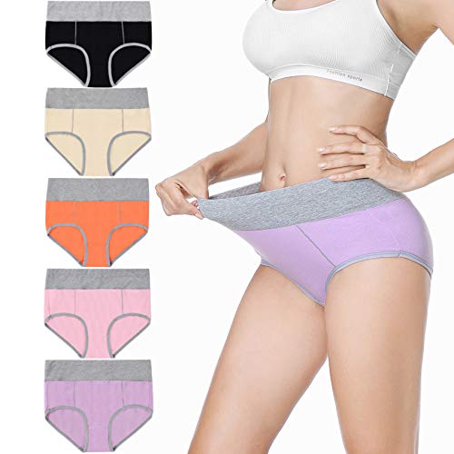 Falechay Bragas Mujer Cintura Altas Algodón Slip Braguitas sin Costuras Talla Grande Postparto Menstruales Postparto Pack de 5 Negro/Amarillo/Naranja/Rosa/Morado L