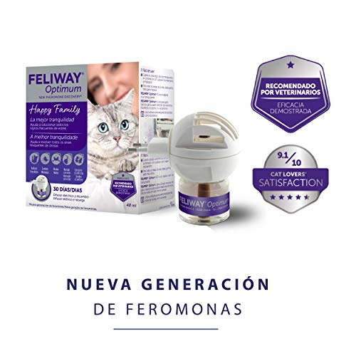 FELIWAY Optimum - Nueva Generación de Feromonas - Soluciona todos los signos de estrés del gato - Arañazos, miedos, cambios, marcaje con orina, conflictos entre gatos - Difusor + Recambio 48ml