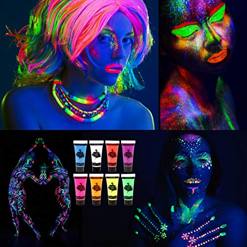 Fesjoy Kit de Pintura Facial, 8 Tubos 10ml / 0.34oz UV Neon Face & Body Paint 8 Colores Neon Fluorescent UV Blacklight Glow Safe No tóxico Bodypaint para Disfraces de Halloween Maquillaje Club