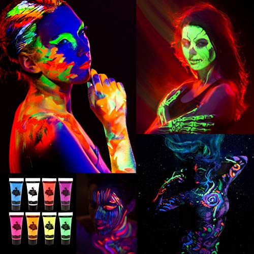 Fesjoy Kit de Pintura Facial, 8 Tubos 10ml / 0.34oz UV Neon Face & Body Paint 8 Colores Neon Fluorescent UV Blacklight Glow Safe No tóxico Bodypaint para Disfraces de Halloween Maquillaje Club