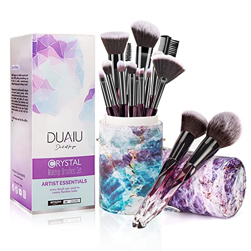 FILY DUAIU Brochas de maquillaje 15pcs cerdas sintéticas premium Juego de mango de cristal Kabuki Foundation Brush Set de brochas de maquillaje profesional con caja de regalo estrellada (púrpura)