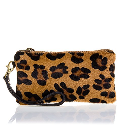 Firenze ARTEGIANI.Cartera de Mujer Piel auténtica.Cartera Piel bovino con Pelo Natural de Potro Animal Print Leopardo Made IN Italy. Vera Pelle Italiana. 19x10x2 cm. Color: Leopardo