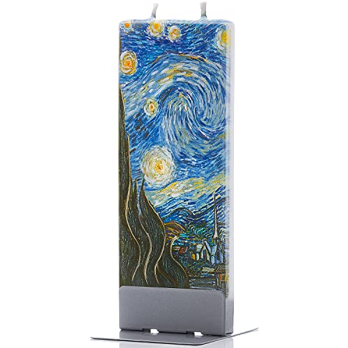 Flatyz Vela plana pintada a mano, sin perfume, sin goteo, sin humo, decorativa | Van Gogh - Noche estrellada | Doble mecha con base de metal | Idea de regalo única y acento de decoración del hogar