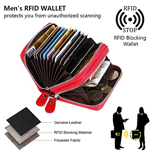 flintronic® Tarjetero para Tarjetas de Crédito Piel Auténtica, RFID Bloqueo Carteras con 14 Ranuras para Tarjetas, Crédito Tarjetero con Cremallera, Rojo