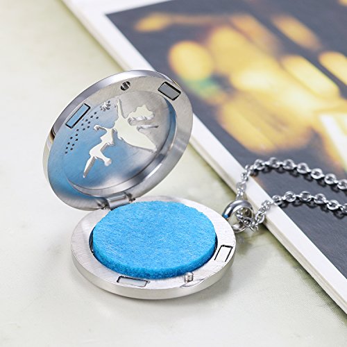 Flongo Collar con Colgante de Locket Perfume Difusor Aromaterapia, Mujer Hada Colgante de Moneda Hueco para Aceite Esencial con 6 Almohadillas, Color Plateado Vintage, Regalo para Mujeres