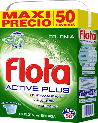 Flota Active Plus | Detergente Lavadora en Polvo | Ropa Blanca y de Color | Antimanchas y Antiolores | 50 Lavados | Colonia