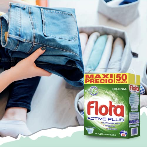 Flota Active Plus | Detergente Lavadora en Polvo | Ropa Blanca y de Color | Antimanchas y Antiolores | 50 Lavados | Colonia