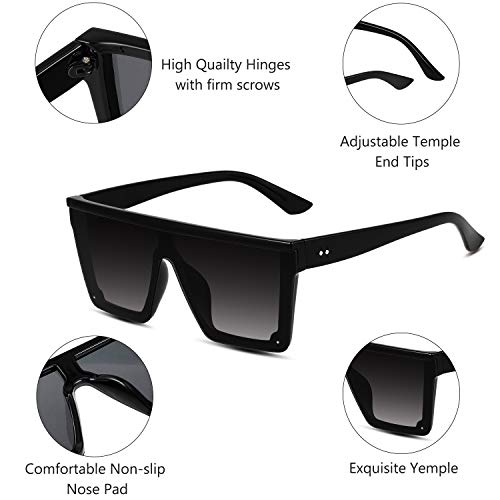 Frienda 2 Pares Gafas de Sol de Moda de Gran Tamaño de Superficie Plana con Lentes Siameses Gafas de Sol Cuadradas Unisexo para Hombres Mujeres (Negro, Marrón)