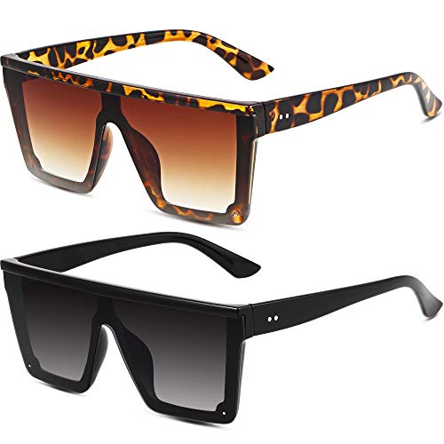 Frienda 2 Pares Gafas de Sol de Moda de Gran Tamaño de Superficie Plana con Lentes Siameses Gafas de Sol Cuadradas Unisexo para Hombres Mujeres (Negro, Marrón)