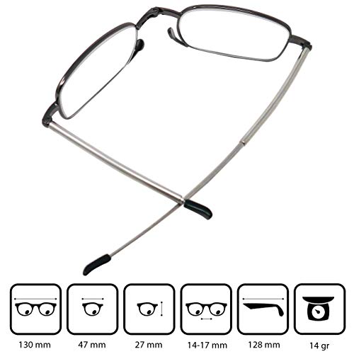 Gafas de Lectura Plegables de Metal Compactas con Patillas Telescópicas (Grafito), Estuche Flip Top GRATIS, Ayuda de Lectura Para Mujeres y Hombres, Dioptrías +2.5