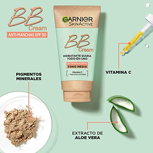 Garnier BB Cream Anti-Manchas FPS 50 Hidratante Todo en uno con color tono medio. Glicerina vegetal + Vitamina E, Unifica, Protege e Hidrata - 50 ml