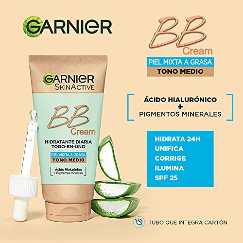 Garnier Bb Cream Matificante Para Pieles Mixtas A Grasas, Con Spf 25, Ácido Hialuróico, Extracto De Aloe Vera Y Pigmentos Minerales, Hidrata, Unifica, Corrige E Ilumina Piel 50 Ml- Tono Medio