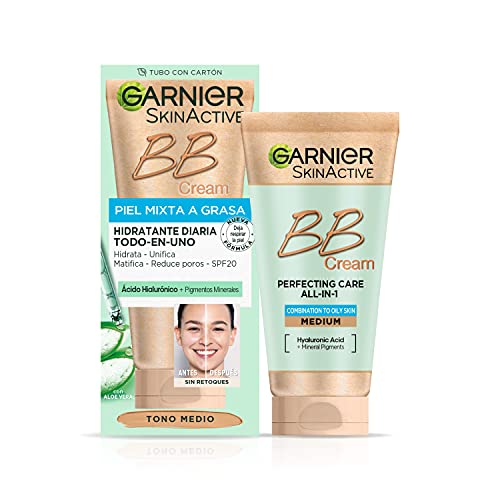 Garnier Bb Cream Matificante Para Pieles Mixtas A Grasas, Con Spf 25, Ácido Hialuróico, Extracto De Aloe Vera Y Pigmentos Minerales, Hidrata, Unifica, Corrige E Ilumina Piel 50 Ml- Tono Medio