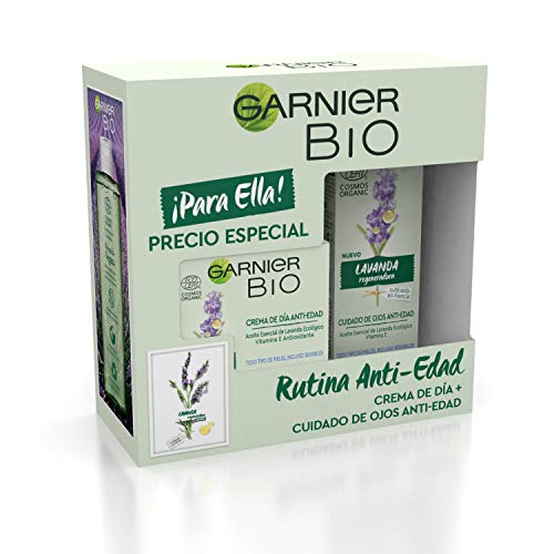 GARNIER Bio Pack Antiedad Crema Antiedad Con Aceite Esencial De Lavanda Y Vitamina E + Contorno De Ojos Reafirmante Con Lavanda, Suaviza Y Regenera La Piel 50 Ml + 15 Ml, 300 Gramo