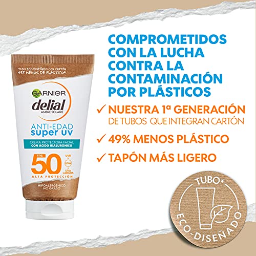 GARNIER DELIAL Crema Protectora Facial Anti Edad con Ácido Hialurónico y SPF 50, Reduce Arrugas y Líneas de Expresión 50ml