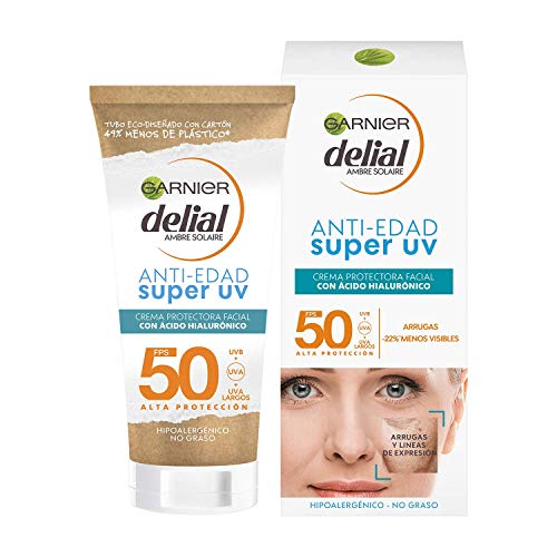 GARNIER DELIAL Crema Protectora Facial Anti Edad con Ácido Hialurónico y SPF 50, Reduce Arrugas y Líneas de Expresión 50ml