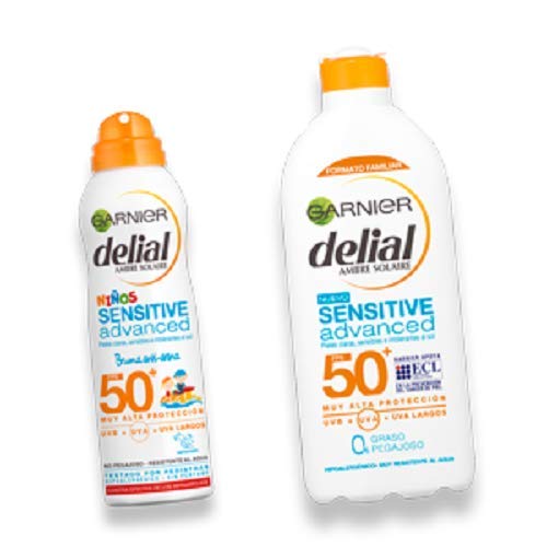 Garnier Delial Kit Sensitive Niños: Leche Protectora Solar IP50+, Spray Protector Solar Bruma Anti-Arena IP50+ y Balón de playa - Leche 400 ml, Spray 200 ml