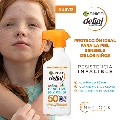 GARNIER DELIAL Niños Sensitive Advanced Protector Solar En Spray Para Niños Alta Protección Spf50 Resistente Al Agua, Arena, Sal Y Cloro 300ml