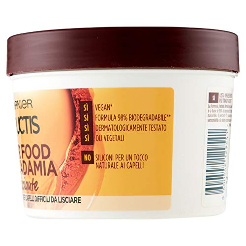 Garnier Fructis Hair Food Macadamia Mascarilla Alisante 3 en 1, con fórmula vegana para cabello encrespado - 390 ml.