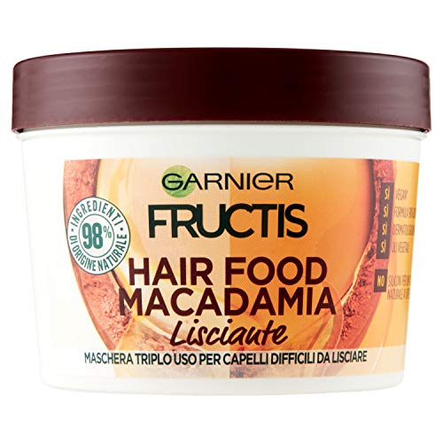 Garnier Fructis Hair Food Macadamia Mascarilla Alisante 3 en 1, con fórmula vegana para cabello encrespado - 390 ml.