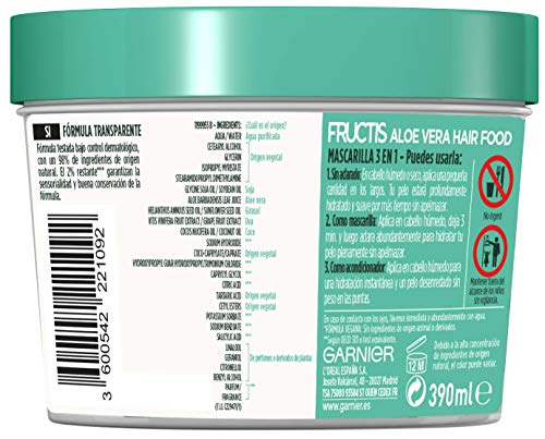 Garnier Fructis Hair Food Mascarilla 3 en 1 Aloe Vera Hidratante, indicada para Pelo Normal - Pack de 3 x 390 ml