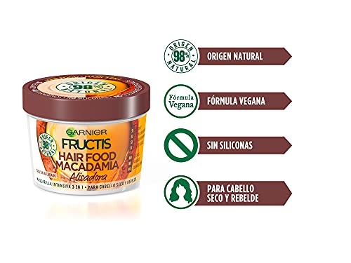 Garnier Fructis Hair Food Mascarilla 3 en 1 Macadamia Alisadora, indicada para Pelo Seco y Rebelde - Pack de 3 x 390 ml