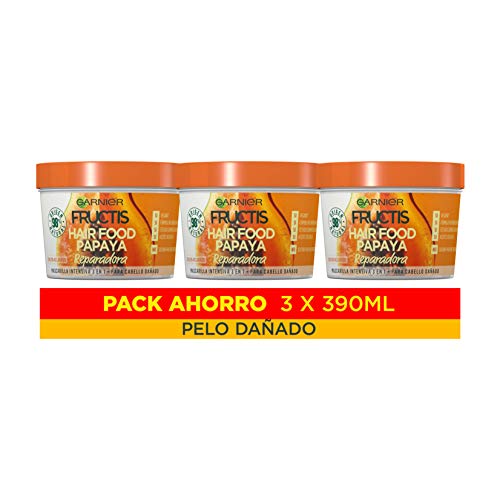 Garnier Fructis Hair Food Mascarilla 3 en 1 Papaya Reparadora, indicada para Pelo Dañado - Pack de 3 x 390 ml