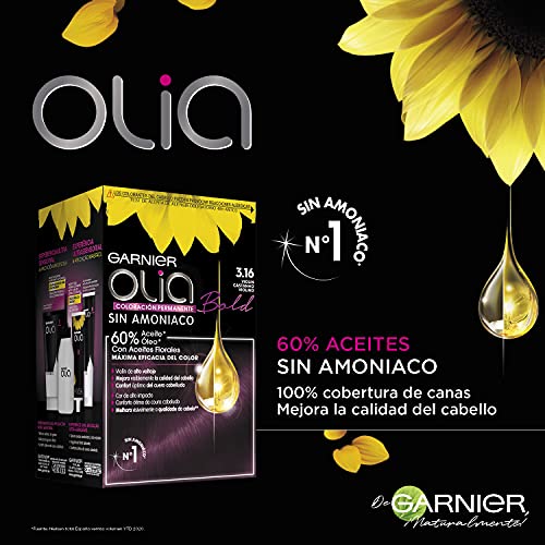 Garnier Olia - Pack de 3 coloración permanente sin amoniaco para un olor agradable con aceites florales de origen natural, color tono 3.16 bold violín