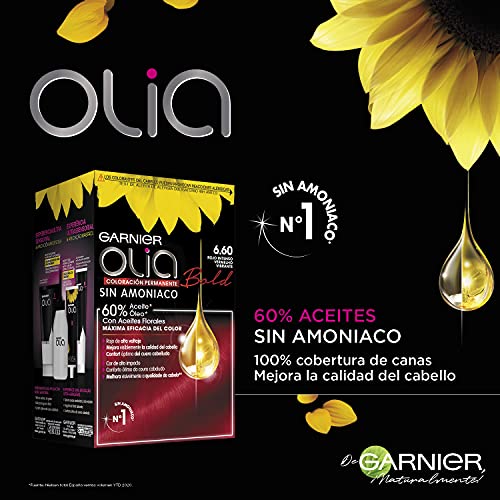 Garnier Olia - Pack de 3 coloración permanente sin amoniaco para un olor agradable con aceites florales de origen natural, color tono 6.60 bold rojo intenso