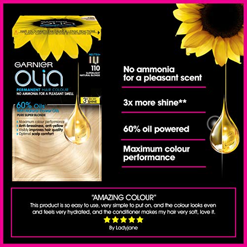 Garnier Olia Tinte para el cabello permanente, sin amoníaco para un aroma agradable, hasta 100% cobertura de cabello gris, máximo rendimiento de color, 60% aceites – 110 rubio superclaro, paquete de 3