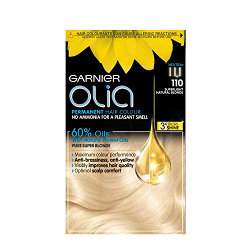 Garnier Olia Tinte para el cabello permanente, sin amoníaco para un aroma agradable, hasta 100% cobertura de cabello gris, máximo rendimiento de color, 60% aceites – 110 rubio superclaro, paquete de 3