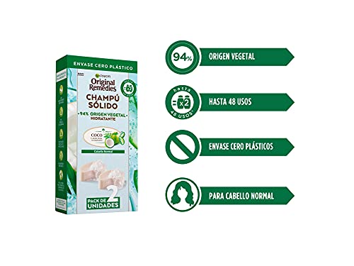 Garnier Original Remedies, Champú Sólido, Coco para Cabello Normal Y Raíces Grasas, Agua de Coco y Aloe Vera Ecológico, Hidrata y Suaviza el Pelo Normal, 94% Origen Vegetal, 48 Usos, Pack de 2, 60 g