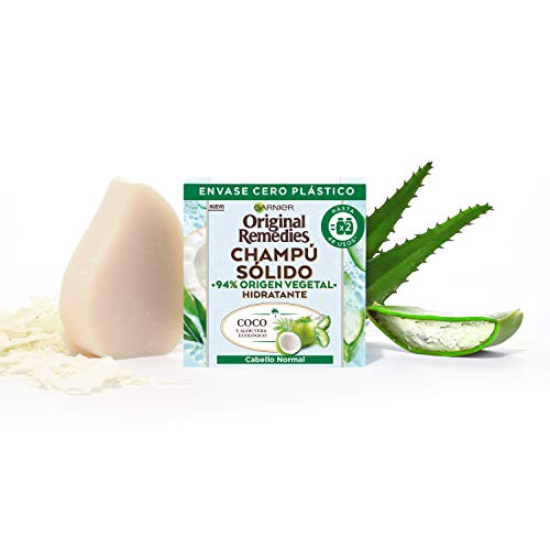 Garnier Original Remedies, Champú Sólido, Coco para Cabello Normal Y Raíces Grasas, Agua de Coco y Aloe Vera Ecológico, Hidrata y Suaviza el Pelo Normal, 94% Origen Vegetal, 48 Usos, Pack de 2, 60 g