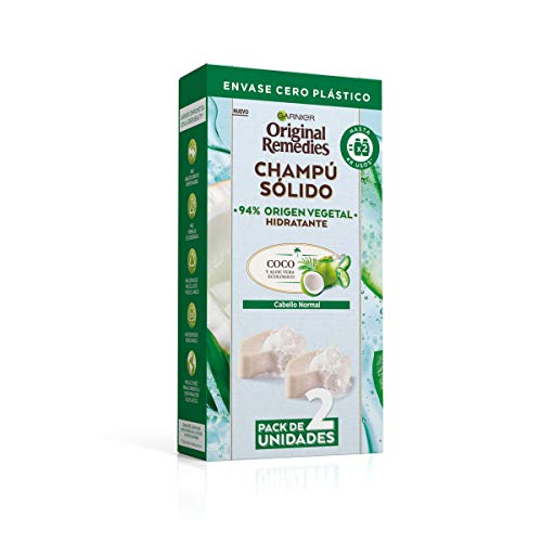 Garnier Original Remedies, Champú Sólido, Coco para Cabello Normal Y Raíces Grasas, Agua de Coco y Aloe Vera Ecológico, Hidrata y Suaviza el Pelo Normal, 94% Origen Vegetal, 48 Usos, Pack de 2, 60 g