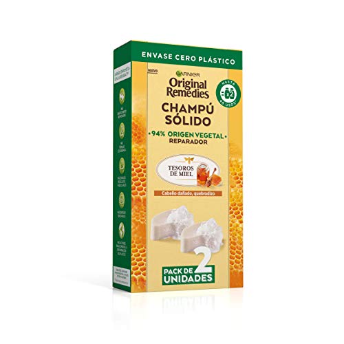 Garnier Original Remedies, Champú Sólido, Tesoros de Miel para Cabello Dañado y Quebradizo, Miel y Cera de Abeja Protectora, Nutre y Repara el Pelo, 94% Origen Vegetal, 48 Usos, Pack de 2, 60 g