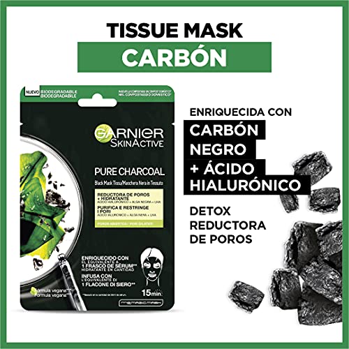 Garnier Pure Active Pack Maskné Anti Imperfecciones, Gel Limpiador Carbón 3 En, Tiras Carbón Anti-puntos Negros, Tissue Mask Carbón Detox Y Tissue Mask Energizante 50ml 4 Tiras, 2x28 G