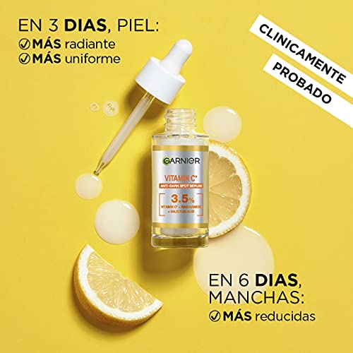 Garnier Sérum Anti Manchas con 3,5% de Vitamina C, Niacinamida y Ácido Salicílico. En 6 días reduce visiblemente las manchas oscuras y aporta luminosidad. Eficacia aprobada por laboratorios