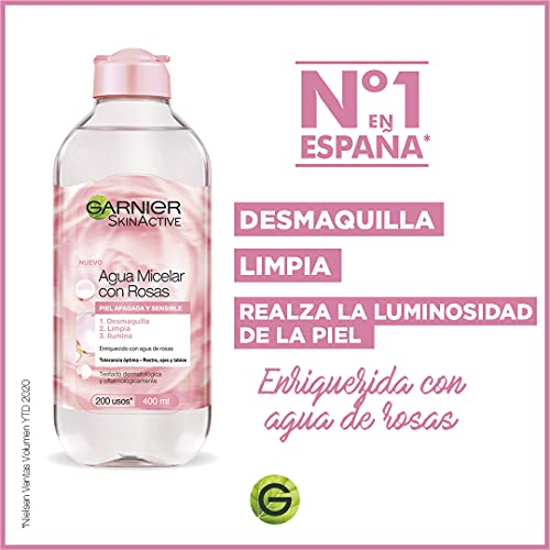 GARNIER Skin Active Agua Micelar con Agua de Rosas para Piel Apagada y Sensible, Desmaquilla, Limpia e Ilumina en un solo gesto, Apto para Rostro, Labios y Ojos, 400Mililitros