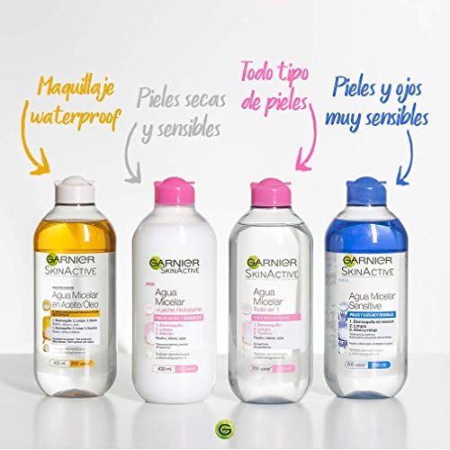 GARNIER Skin Active Agua Micelar con Agua de Rosas para Piel Apagada y Sensible, Desmaquilla, Limpia e Ilumina en un solo gesto, Apto para Rostro, Labios y Ojos, 400Mililitros