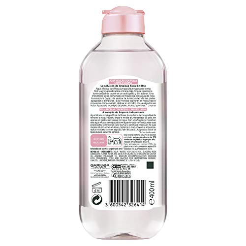 GARNIER Skin Active Agua Micelar con Agua de Rosas para Piel Apagada y Sensible, Desmaquilla, Limpia e Ilumina en un solo gesto, Apto para Rostro, Labios y Ojos, 400Mililitros