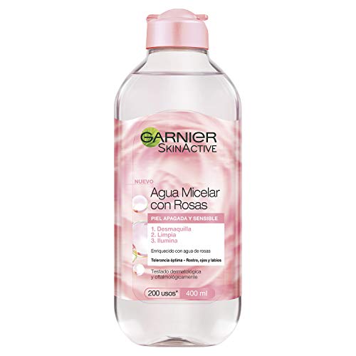 GARNIER Skin Active Agua Micelar con Agua de Rosas para Piel Apagada y Sensible, Desmaquilla, Limpia e Ilumina en un solo gesto, Apto para Rostro, Labios y Ojos, 400Mililitros