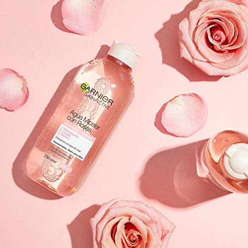 GARNIER Skin Active Agua Micelar con Agua de Rosas para Piel Apagada y Sensible, Desmaquilla, Limpia e Ilumina en un solo gesto, Apto para Rostro, Labios y Ojos, 400Mililitros