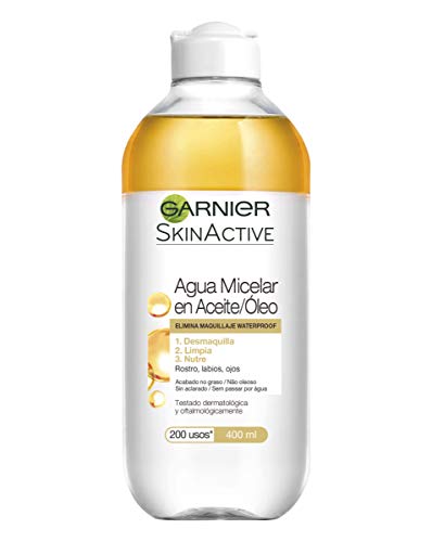 Garnier Skin Active Agua Micelar en Aceite, Elimina el Maquillaje de Larga Duración y Waterproof, Desmaquilla, Limpia y Nutre Labios, Ojos y Rostro, Sin Acabado Graso, Pack 2x400ml +1 x100ml