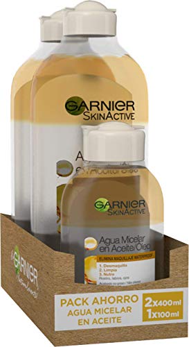 Garnier Skin Active Agua Micelar en Aceite, Elimina el Maquillaje de Larga Duración y Waterproof, Desmaquilla, Limpia y Nutre Labios, Ojos y Rostro, Sin Acabado Graso, Pack 2x400ml +1 x100ml